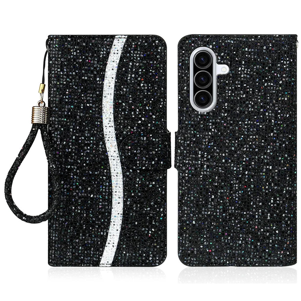 For Samsung Galaxy A56 5G Case PU Leather Wallet Card Slots Glitter Phone Cover - Black - 1