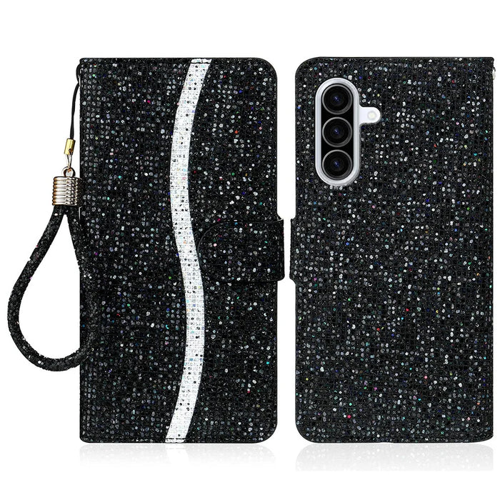 For Samsung Galaxy A56 5G Case PU Leather Wallet Card Slots Glitter Phone Cover - Black - 1