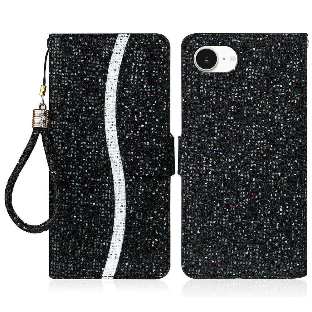 For iPhone 17e / 16e Case PU Leather Wallet Card Slots Glitter Phone Cover - Black - 1