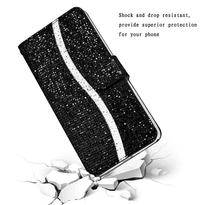 For iPhone 17e / 16e Case PU Leather Wallet Card Slots Glitter Phone Cover - Black - 4