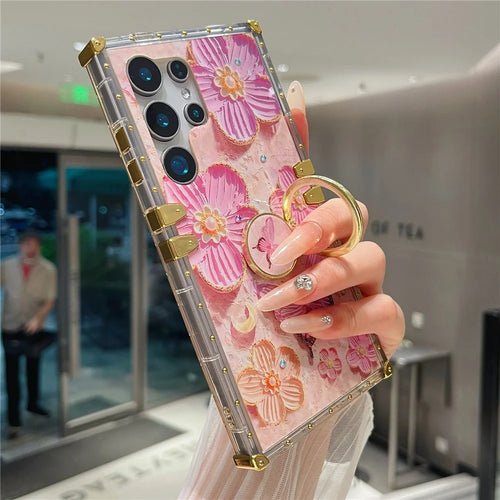 For Samsung Galaxy S25 Ultra Case Stylish Flower Butterfly Pattern Ring Kickstand TPU + PC Phone Cover - Pink - 1