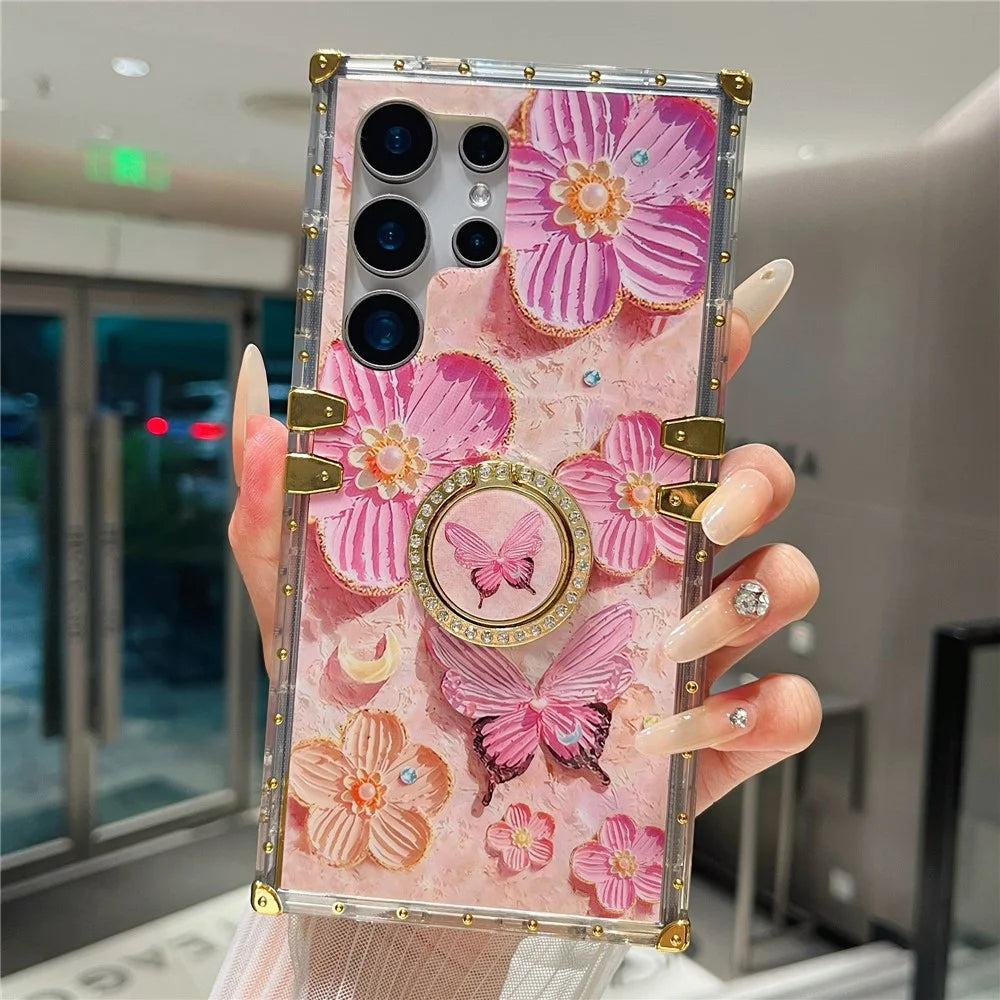 For Samsung Galaxy S25 Ultra Case Stylish Flower Butterfly Pattern Ring Kickstand TPU + PC Phone Cover - Pink - 2