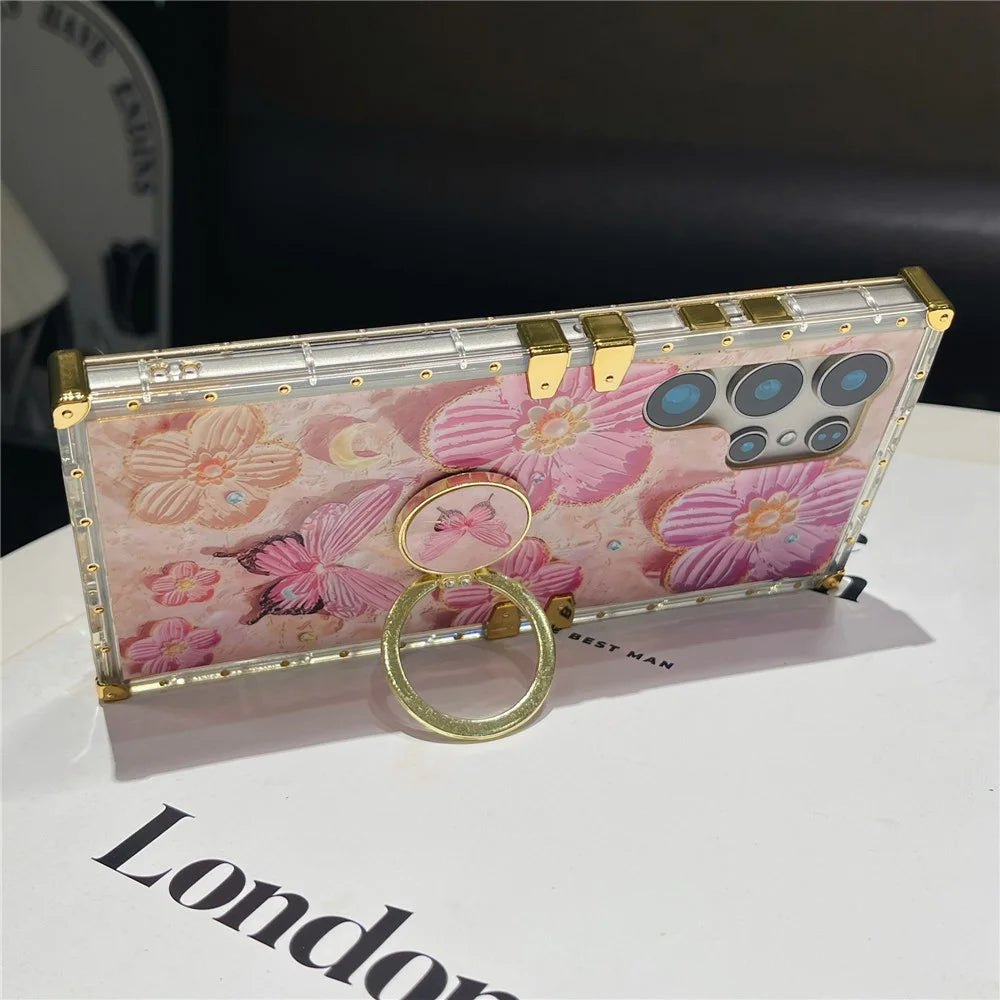 For Samsung Galaxy S25 Ultra Case Stylish Flower Butterfly Pattern Ring Kickstand TPU + PC Phone Cover - Pink - 3
