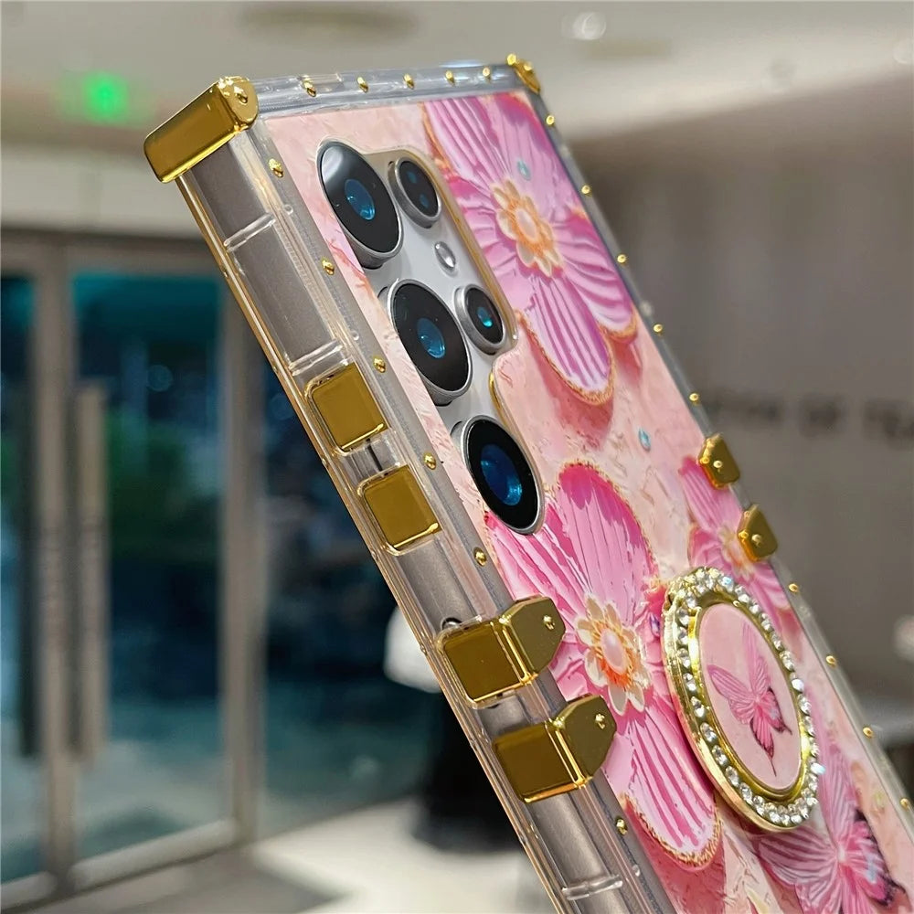 For Samsung Galaxy S25 Ultra Case Stylish Flower Butterfly Pattern Ring Kickstand TPU + PC Phone Cover - Pink - 5