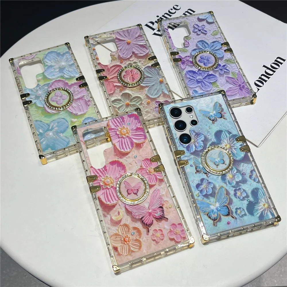 For Samsung Galaxy S25 Ultra Case Stylish Flower Butterfly Pattern Ring Kickstand TPU + PC Phone Cover - Pink - 6