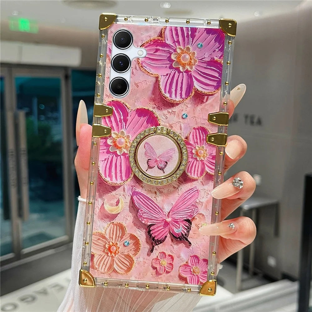 For Samsung Galaxy A55 5G Case Stylish Flower Butterfly Pattern Ring Kickstand TPU + PC Phone Cover - Pink - 1