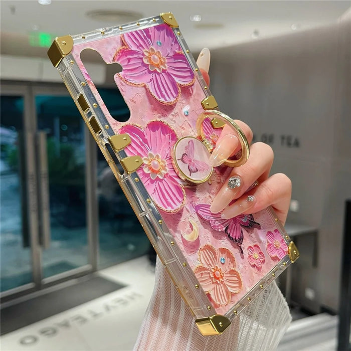 For Samsung Galaxy A55 5G Case Stylish Flower Butterfly Pattern Ring Kickstand TPU + PC Phone Cover - Pink - 2