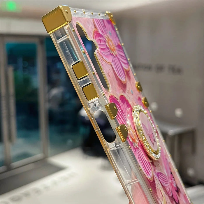For Samsung Galaxy A55 5G Case Stylish Flower Butterfly Pattern Ring Kickstand TPU + PC Phone Cover - Pink - 5