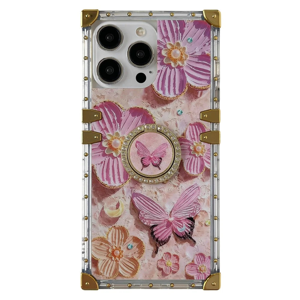 For iPhone 16 Pro Max Case Stylish Flower Butterfly Pattern Ring Kickstand TPU + PC Phone Cover - Pink - 1