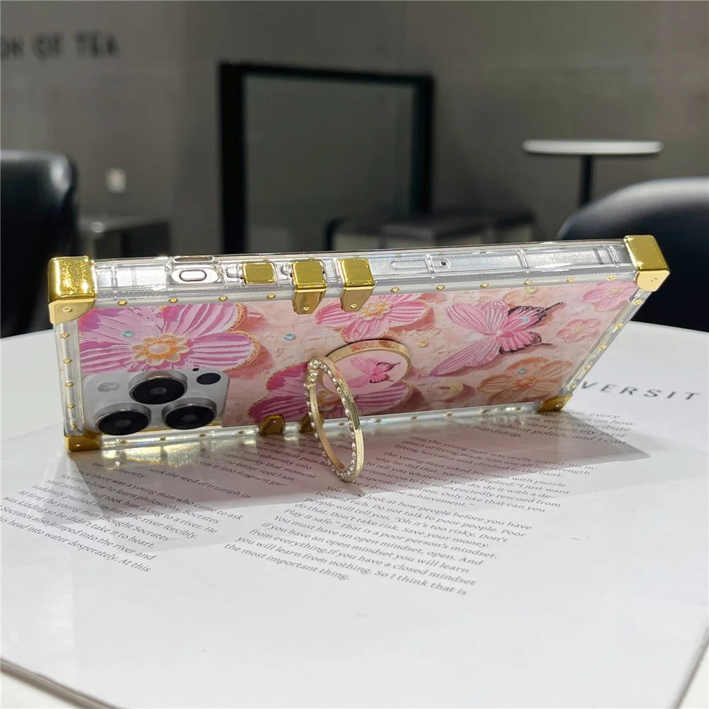 For iPhone 16 Pro Max Case Stylish Flower Butterfly Pattern Ring Kickstand TPU + PC Phone Cover - Pink - 2