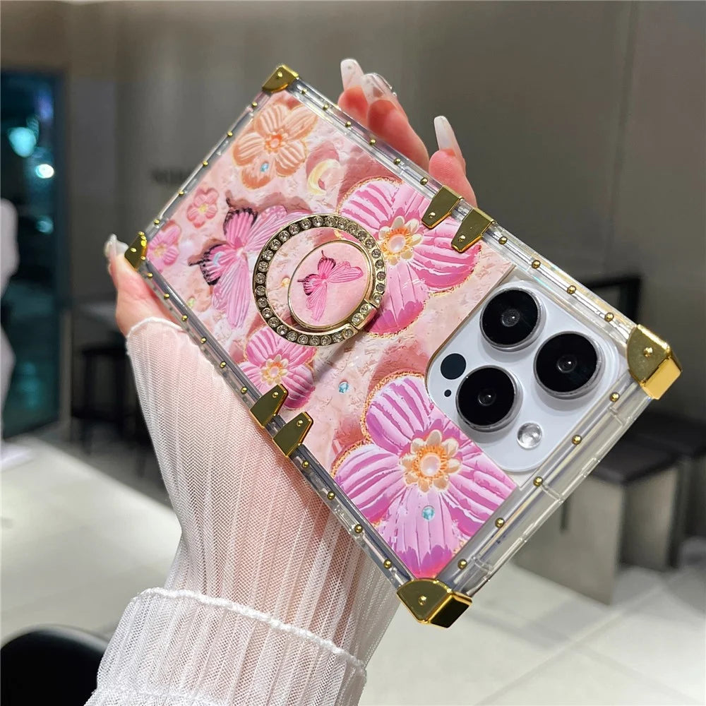 For iPhone 16 Pro Max Case Stylish Flower Butterfly Pattern Ring Kickstand TPU + PC Phone Cover - Pink - 3