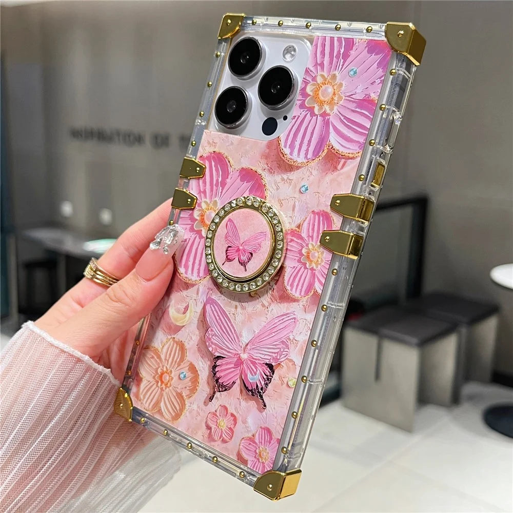 For iPhone 16 Pro Max Case Stylish Flower Butterfly Pattern Ring Kickstand TPU + PC Phone Cover - Pink - 4
