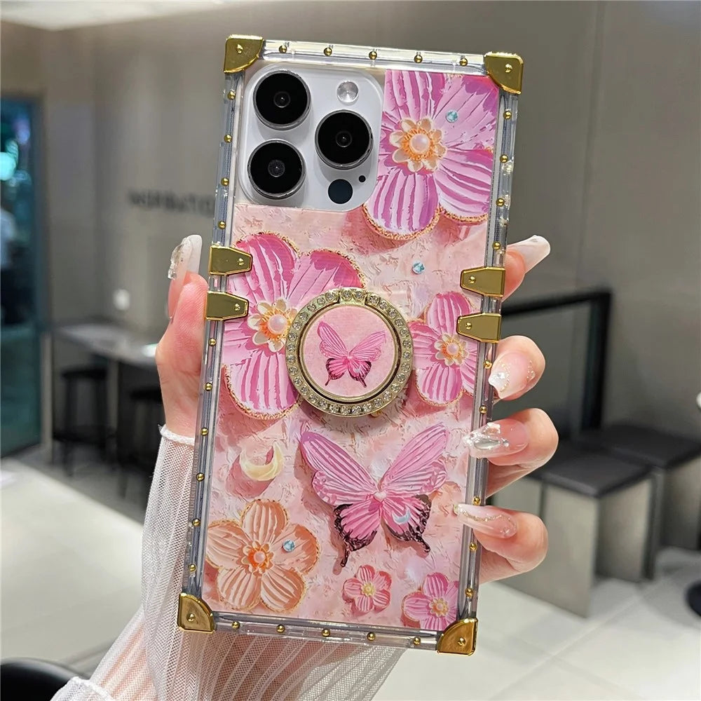 For iPhone 16 Pro Max Case Stylish Flower Butterfly Pattern Ring Kickstand TPU + PC Phone Cover - Pink - 5