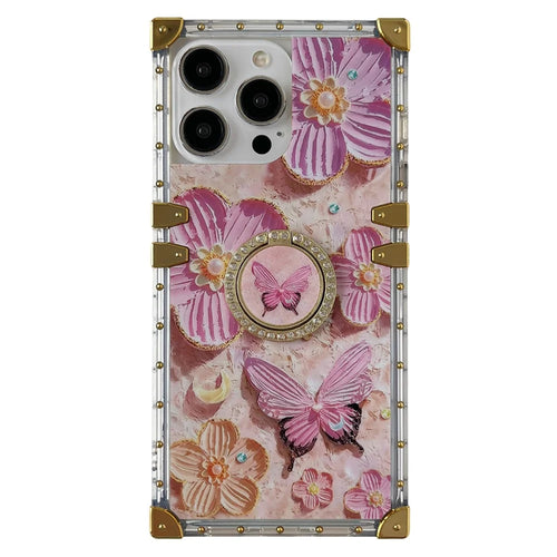 For iPhone 16 Pro Case Stylish Flower Butterfly Pattern Ring Kickstand TPU + PC Phone Cover - Pink - 1