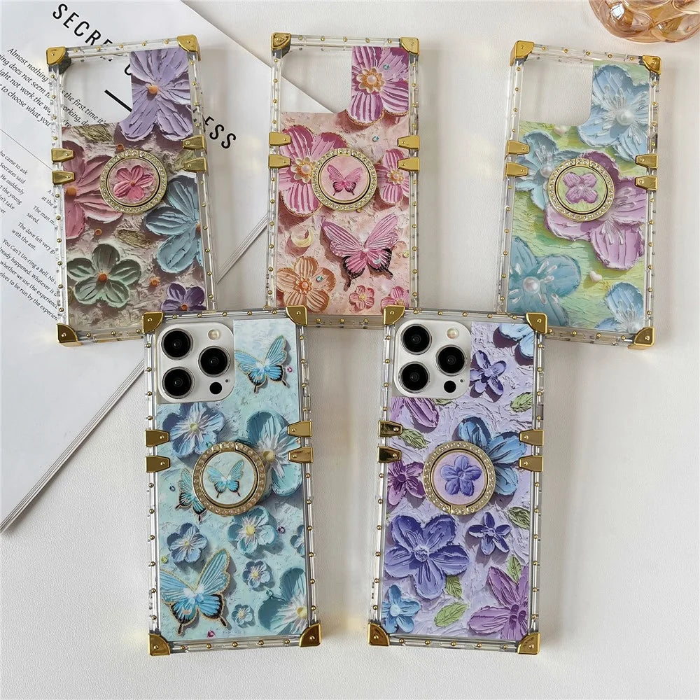For iPhone 16 Pro Case Stylish Flower Butterfly Pattern Ring Kickstand TPU + PC Phone Cover - Pink - 7