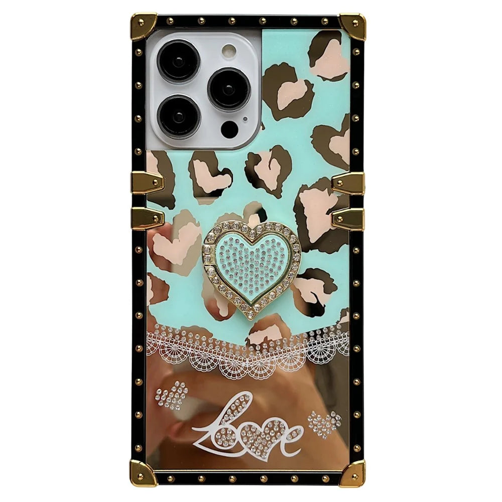 For iPhone 16 Pro Max Case Heart Pattern Electroplating TPU + PC Phone Cover with Kickstand - Lake Blue - 1