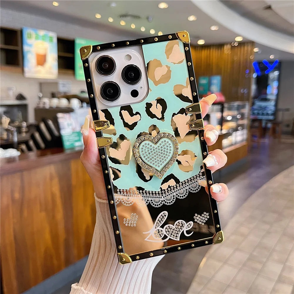 For iPhone 16 Pro Max Case Heart Pattern Electroplating TPU + PC Phone Cover with Kickstand - Lake Blue - 3