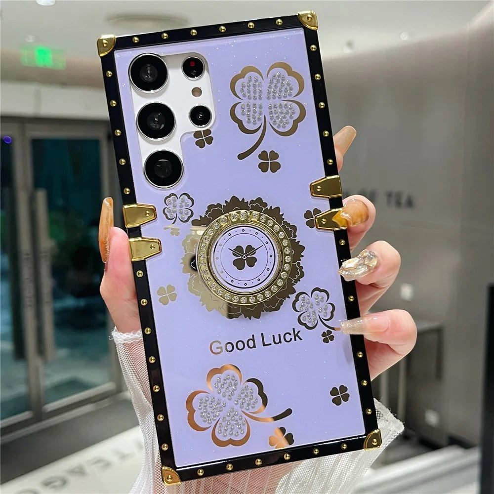 For Samsung Galaxy S24 Ultra Case with Kickstand Four Leaf Clover Pattern Electroplating TPU + PC Phone Cover - Purple - 1