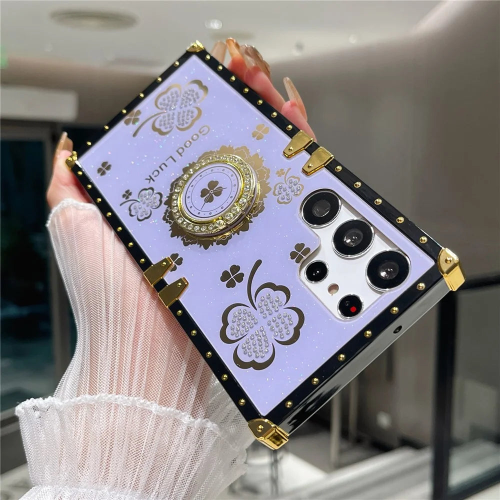 For Samsung Galaxy S24 Ultra Case with Kickstand Four Leaf Clover Pattern Electroplating TPU + PC Phone Cover - Purple - 2