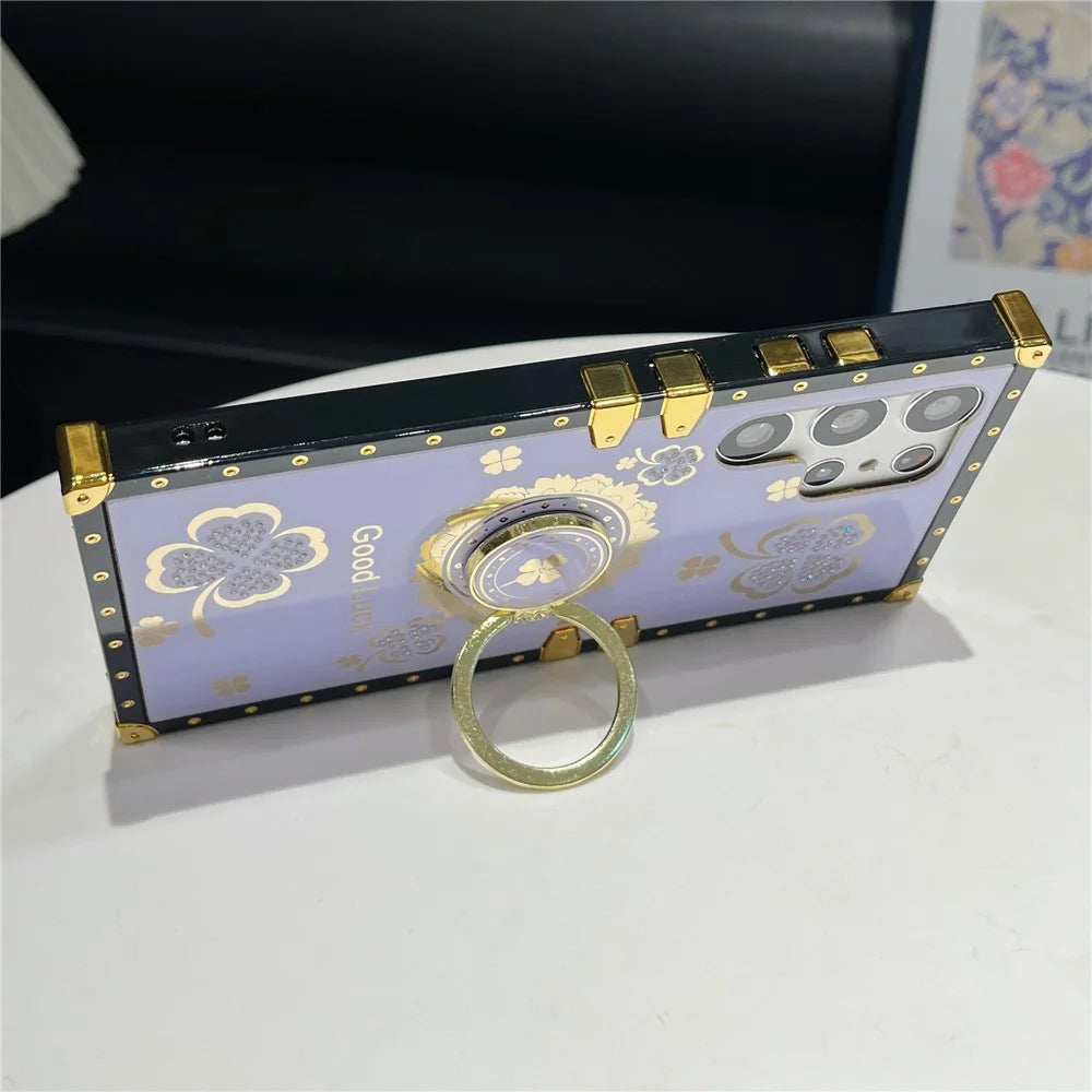 For Samsung Galaxy S24 Ultra Case with Kickstand Four Leaf Clover Pattern Electroplating TPU + PC Phone Cover - Purple - 3