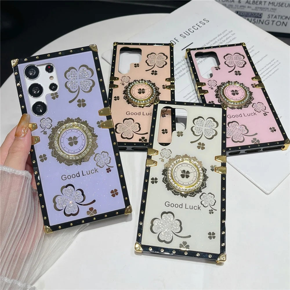 For Samsung Galaxy S24 Ultra Case with Kickstand Four Leaf Clover Pattern Electroplating TPU + PC Phone Cover - Purple - 6