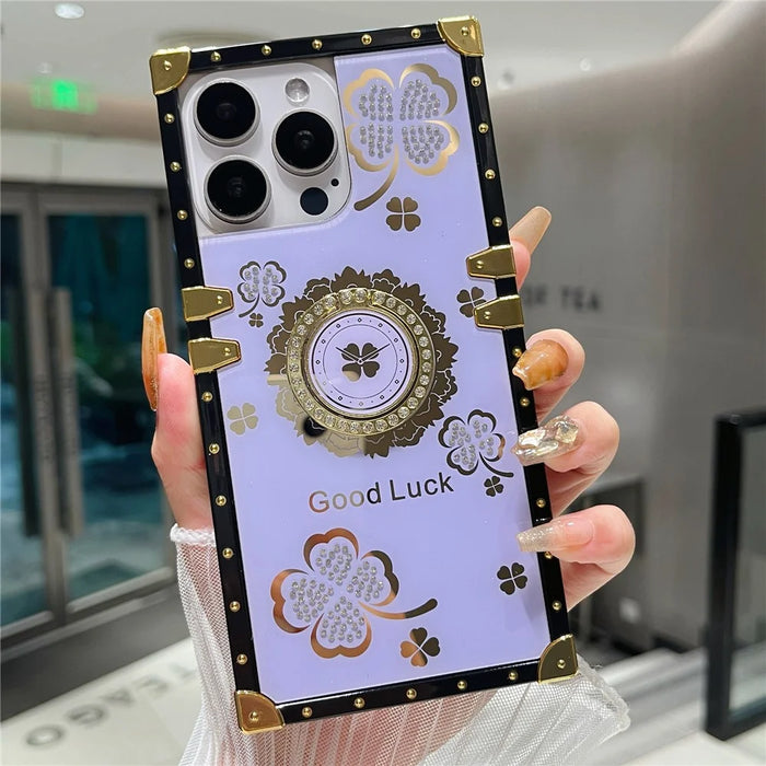 For iPhone 16 Pro Case with Kickstand Four Leaf Clover Pattern Electroplating TPU + PC Phone Cover - Purple - 1