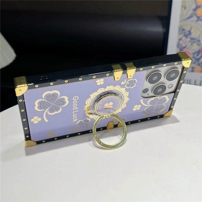 For iPhone 16 Pro Case with Kickstand Four Leaf Clover Pattern Electroplating TPU + PC Phone Cover - Purple - 3