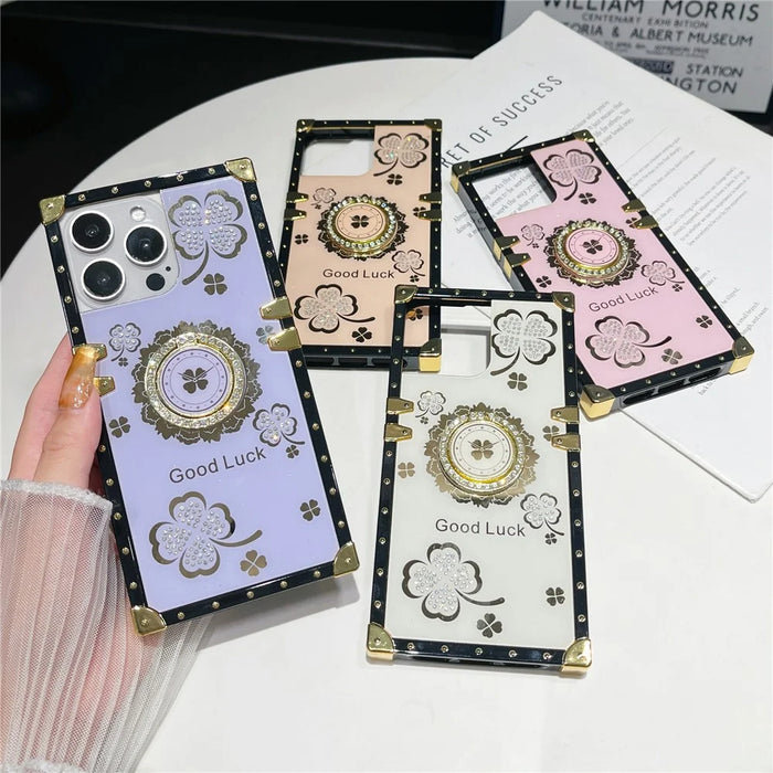 For iPhone 16 Pro Case with Kickstand Four Leaf Clover Pattern Electroplating TPU + PC Phone Cover - Purple - 6