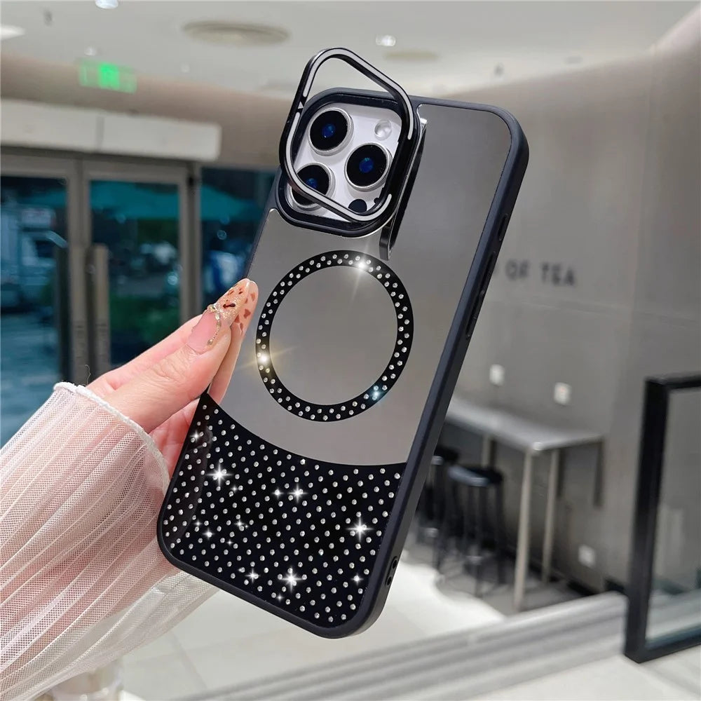 For iPhone 16 Pro Max Magnetic Case Mirror Surface TPU+PC Phone Cover with Lens Frame Kickstand - Black - 1