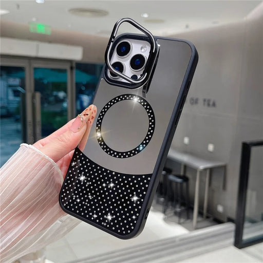 For iPhone 16 Pro Max Magnetic Case Mirror Surface TPU+PC Phone Cover with Lens Frame Kickstand - Black - 1