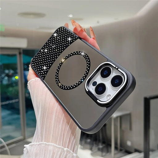 For iPhone 16 Pro Max Magnetic Case Mirror Surface TPU+PC Phone Cover with Lens Frame Kickstand - Black - 2