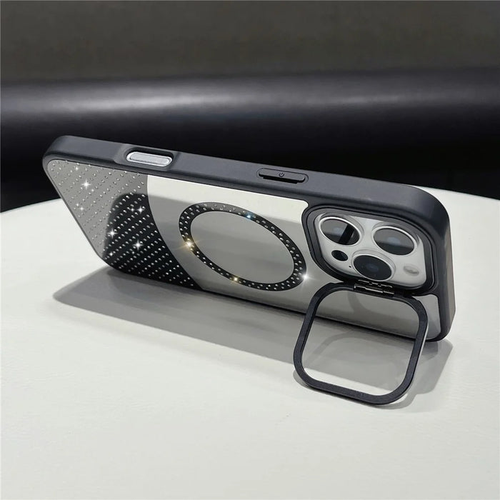 For iPhone 16 Pro Max Magnetic Case Mirror Surface TPU+PC Phone Cover with Lens Frame Kickstand - Black - 4