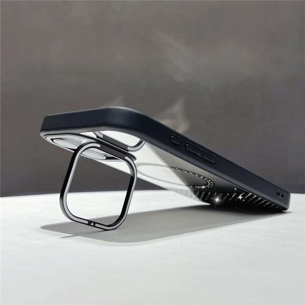 For iPhone 16 Pro Max Magnetic Case Mirror Surface TPU+PC Phone Cover with Lens Frame Kickstand - Black - 5