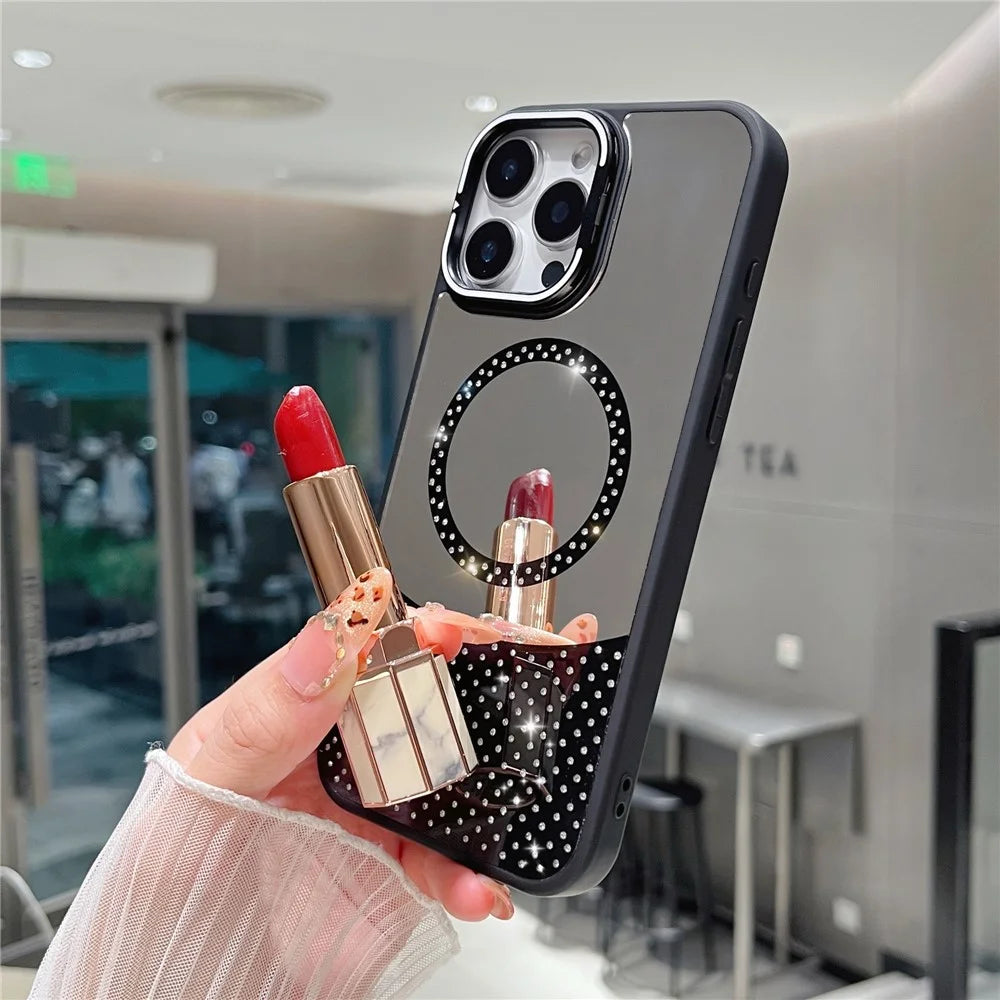 For iPhone 16 Pro Max Magnetic Case Mirror Surface TPU+PC Phone Cover with Lens Frame Kickstand - Black - 6
