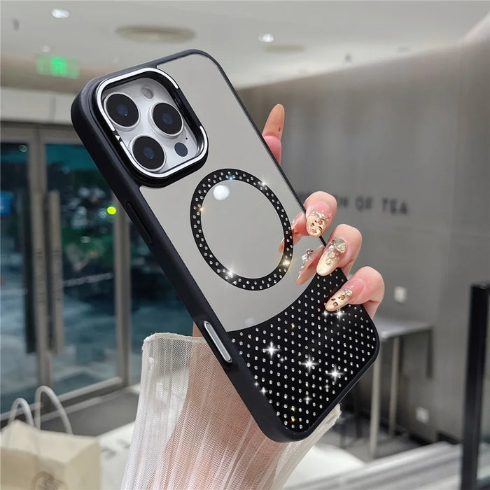 For iPhone 16 Pro Magnetic Case Mirror Surface TPU+PC Phone Cover with Lens Frame Kickstand - Black - 3