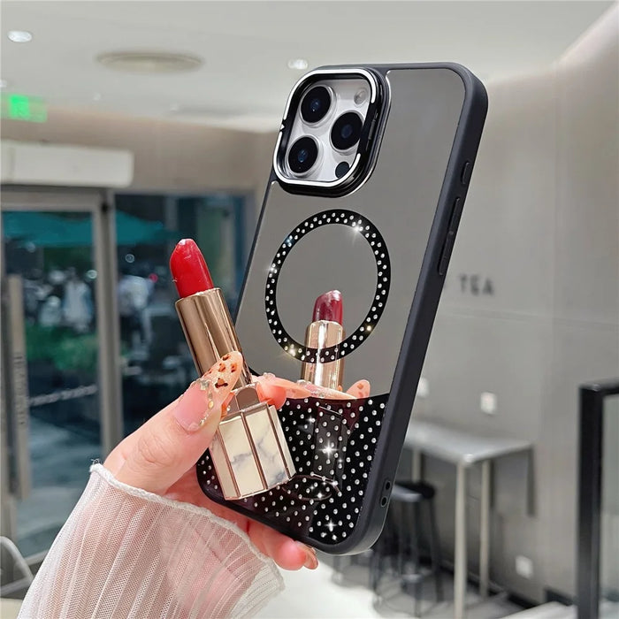 For iPhone 16 Pro Magnetic Case Mirror Surface TPU+PC Phone Cover with Lens Frame Kickstand - Black - 6