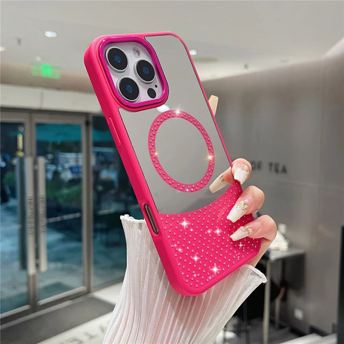 For iPhone 16 Pro Max Magnetic Case Mirror Surface TPU + PC Shockproof Phone Cover - Rose - 1