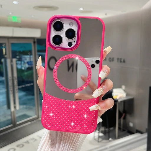 For iPhone 16 Pro Max Magnetic Case Mirror Surface TPU + PC Shockproof Phone Cover - Rose - 2