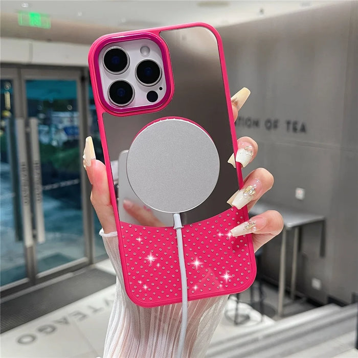 For iPhone 16 Pro Max Magnetic Case Mirror Surface TPU + PC Shockproof Phone Cover - Rose - 3