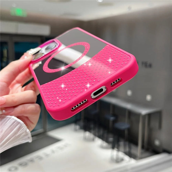For iPhone 16 Pro Max Magnetic Case Mirror Surface TPU + PC Shockproof Phone Cover - Rose - 6