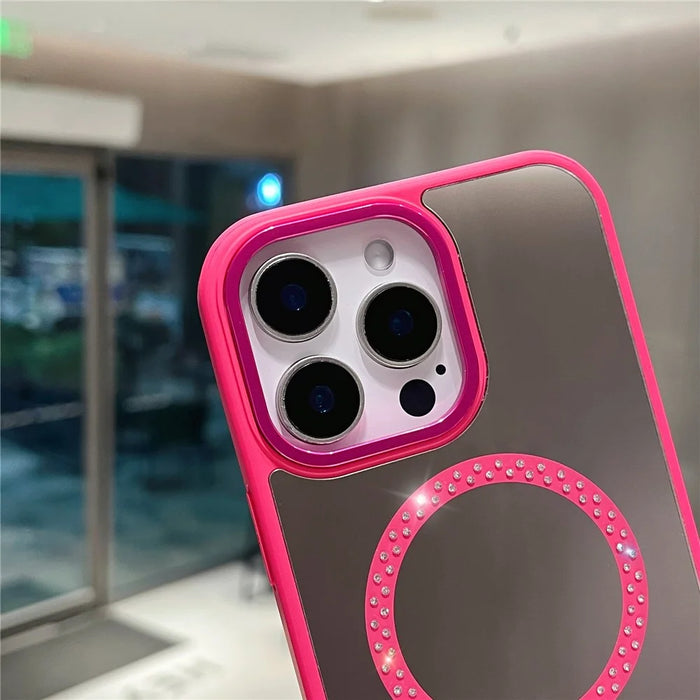 For iPhone 16 Pro Max Magnetic Case Mirror Surface TPU + PC Shockproof Phone Cover - Rose - 7