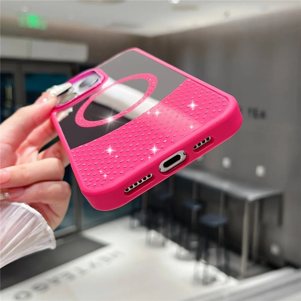For iPhone 16 Pro Magnetic Case Mirror Surface TPU + PC Shockproof Phone Cover - Rose - 6