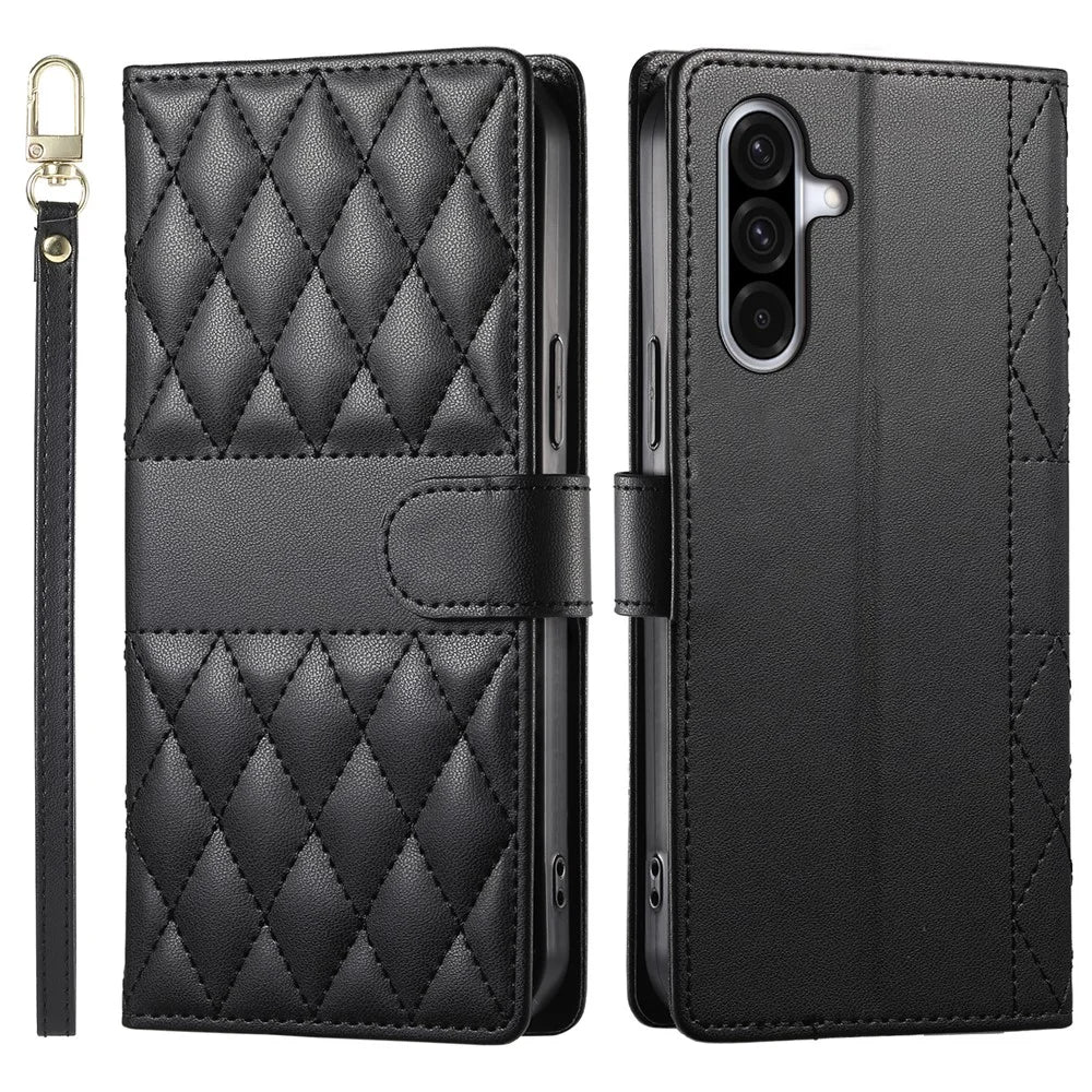 For Samsung Galaxy A56 5G Case Rhombus Stitching Wallet Stand Leather Phone Cover with Long  /  Short Strap - Black - 1