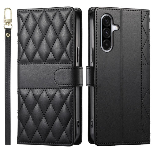 For Samsung Galaxy A56 5G Case Rhombus Stitching Wallet Stand Leather Phone Cover with Long  /  Short Strap - Black - 1