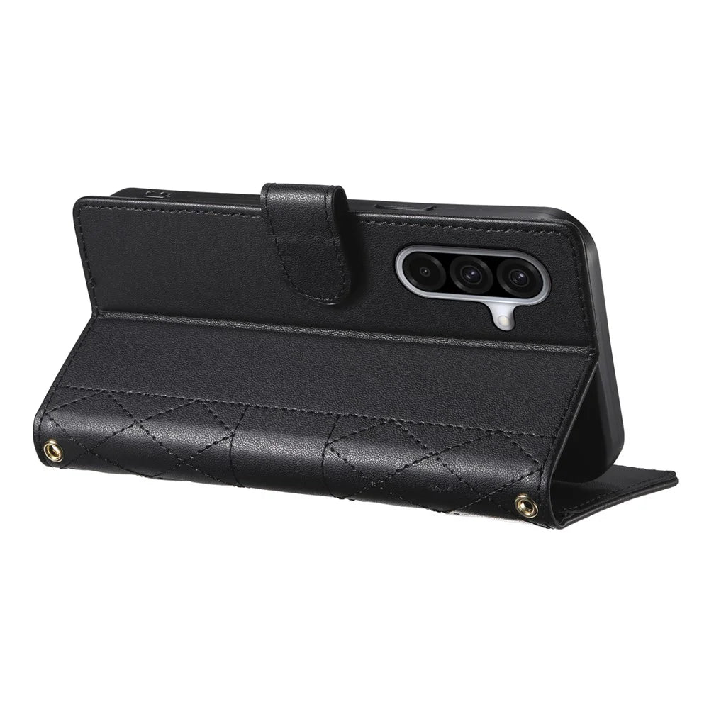 For Samsung Galaxy A56 5G Case Rhombus Stitching Wallet Stand Leather Phone Cover with Long  /  Short Strap - Black - 4