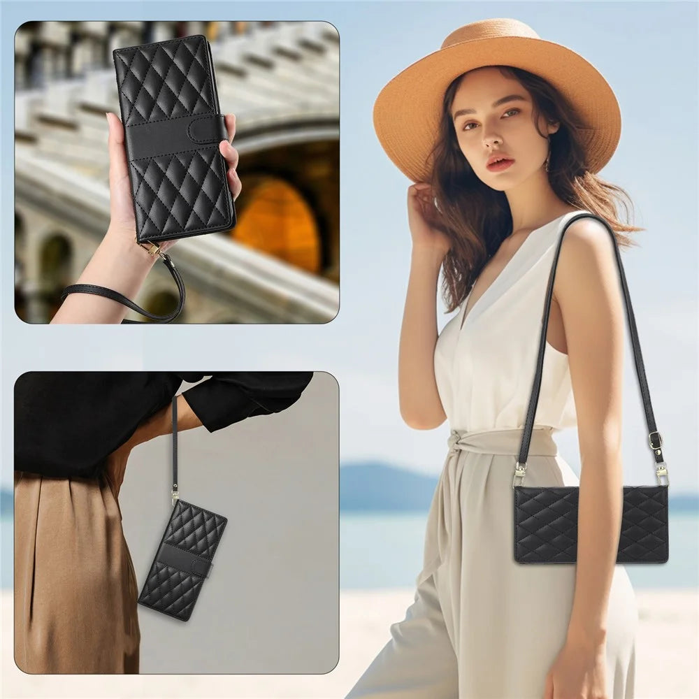 For Samsung Galaxy A56 5G Case Rhombus Stitching Wallet Stand Leather Phone Cover with Long  /  Short Strap - Black - 5