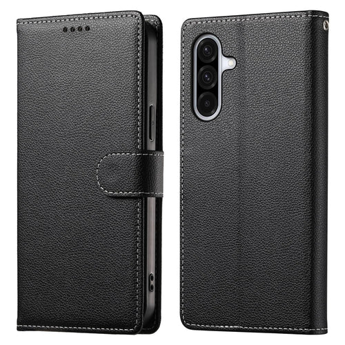 For Samsung Galaxy A56 5G Stand Case Litchi Texture Leather Wallet Phone Cover Magnetic Snap - Black - 1