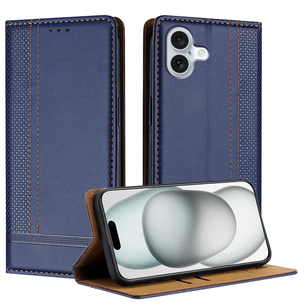 For iPhone 16 Plus Case L-Shaped Grid Pattern Leather Stand Phone Cover with Card Slots - Blue - 1