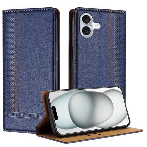 For iPhone 16 Plus Case L-Shaped Grid Pattern Leather Stand Phone Cover with Card Slots - Blue - 1