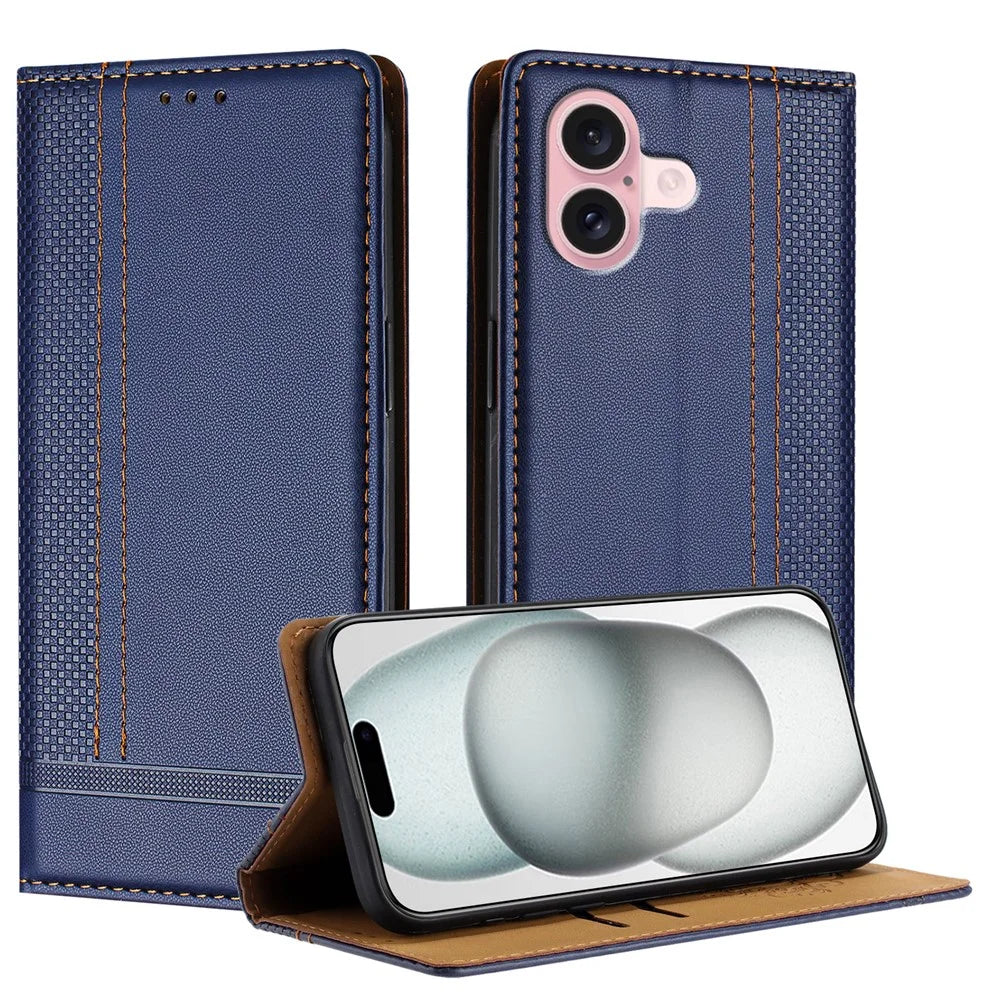 For iPhone 16 Case L-Shaped Grid Pattern Leather Stand Phone Cover with Card Slots - Blue - 1